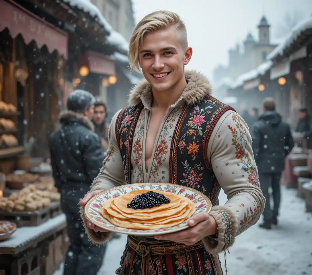 Smiling blond youth in winter folk costume at market