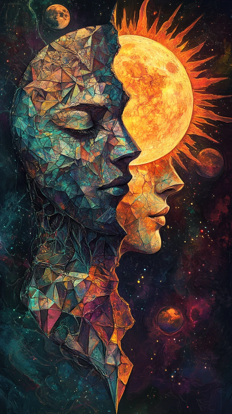 Surreal celestial entity blending sun shards and moon mist