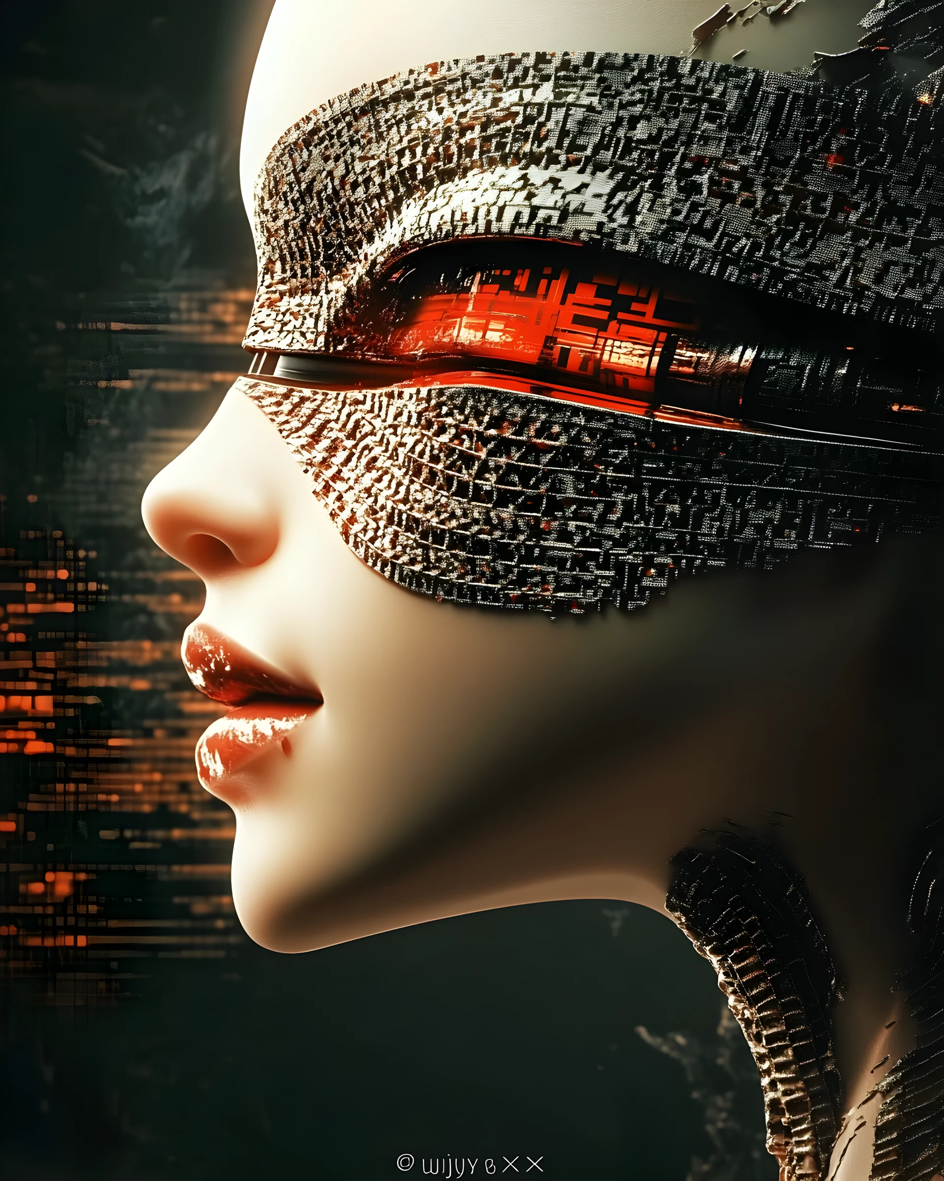 Cyberpunk geisha portrait with neon glitch background