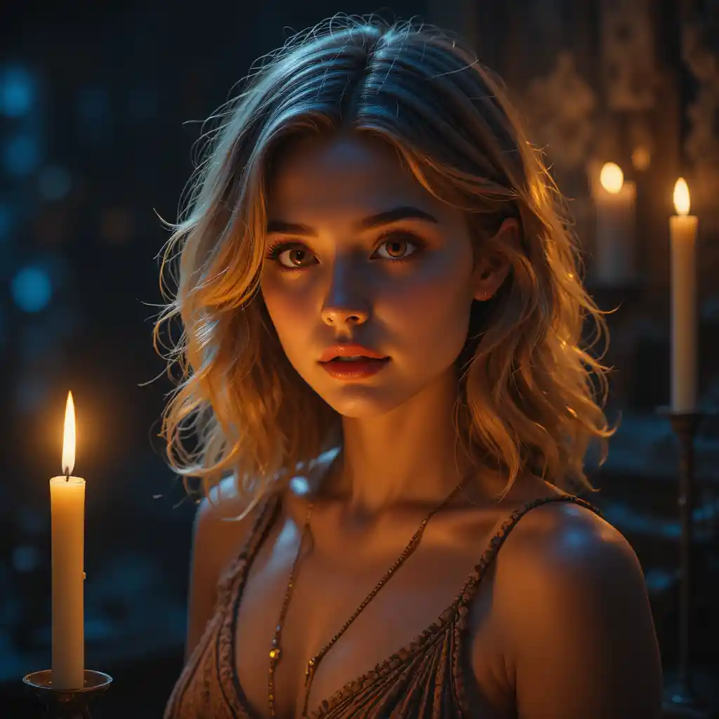 Young woman by candlelight in a moody cinematic portrait