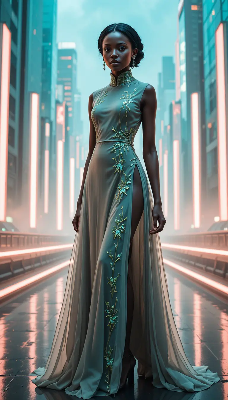 Afrofuturistic woman in sleek qipao on neon city runway