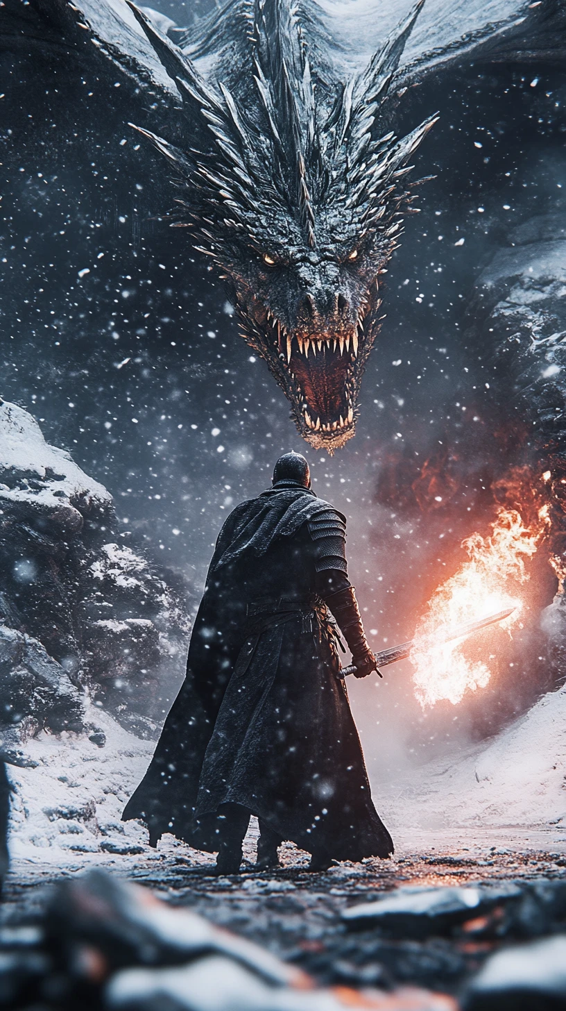 Medieval warrior with burning sword enters dragon cave