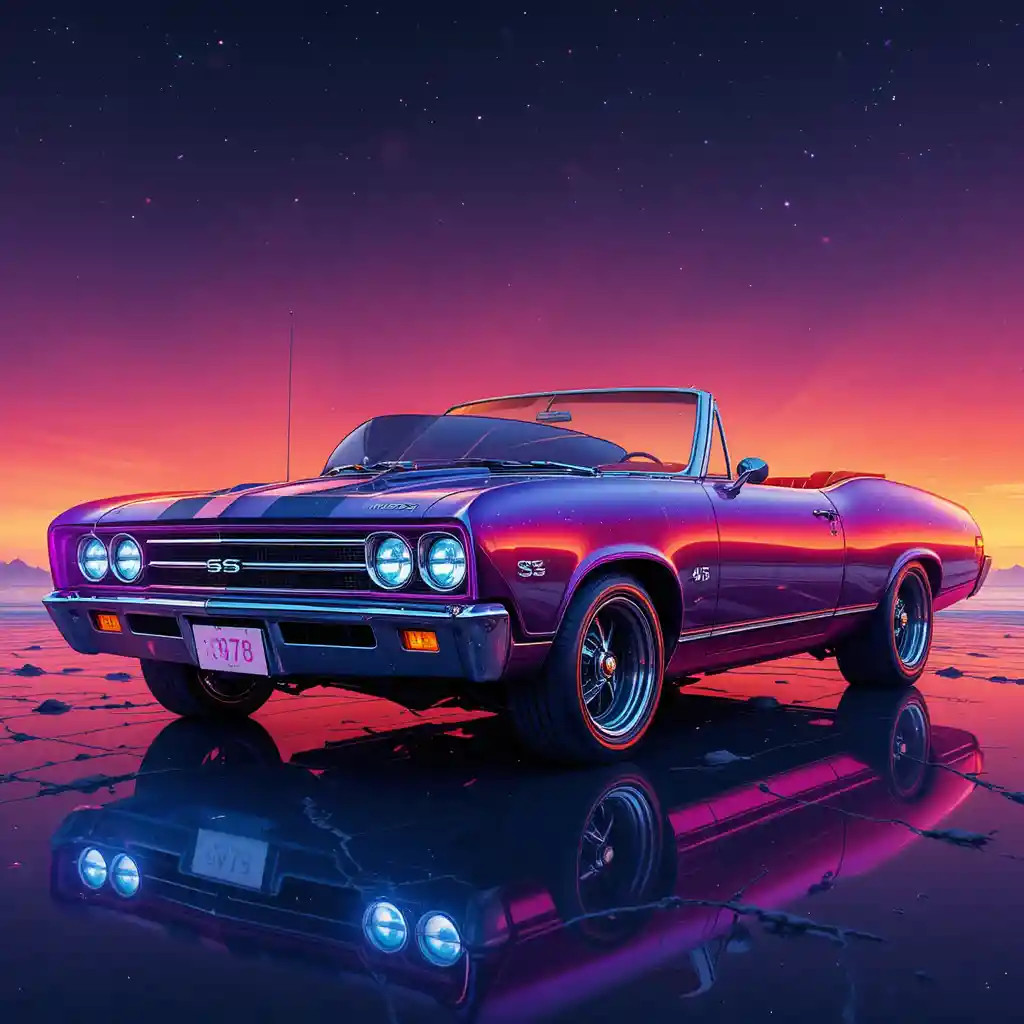 Retro futuristic Chevrolet muscle car with neon galactic paint
