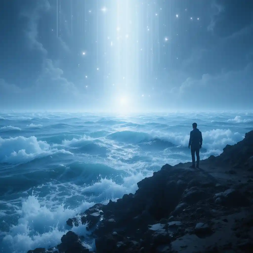 Afrofuturistic figure facing a glowing ocean of light