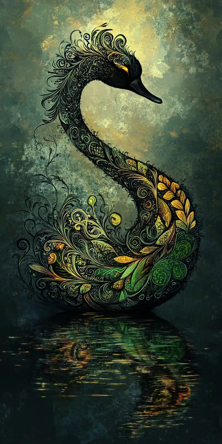 Gothic fantasy swan with ornate patterns on dark waters