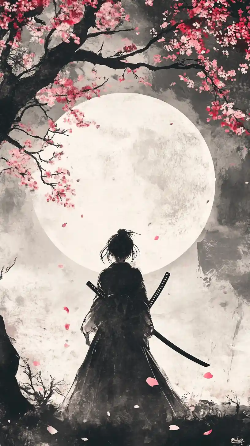 Samurai-Mädchen unter Kirschblüten vor dem Vollmond