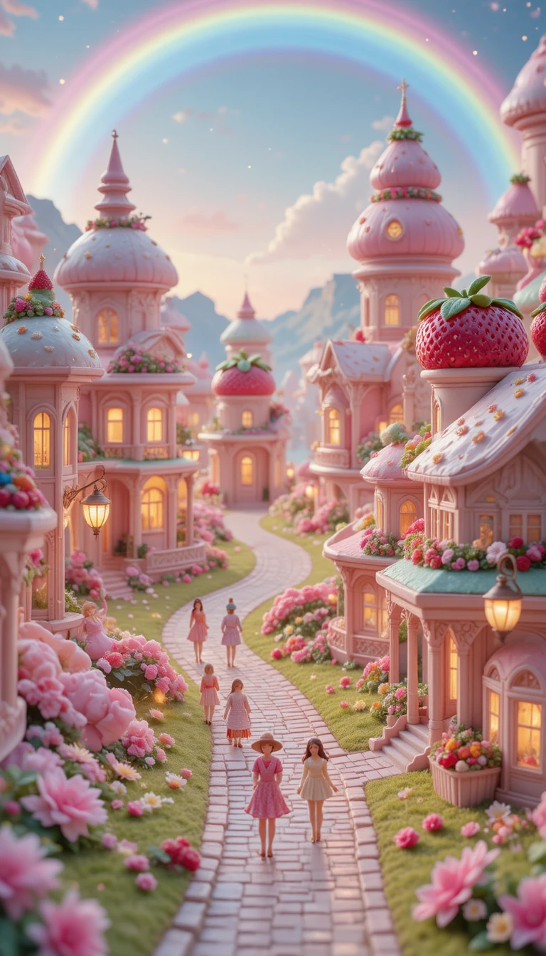 Pastel fantasy miniature city of candy themed buildings