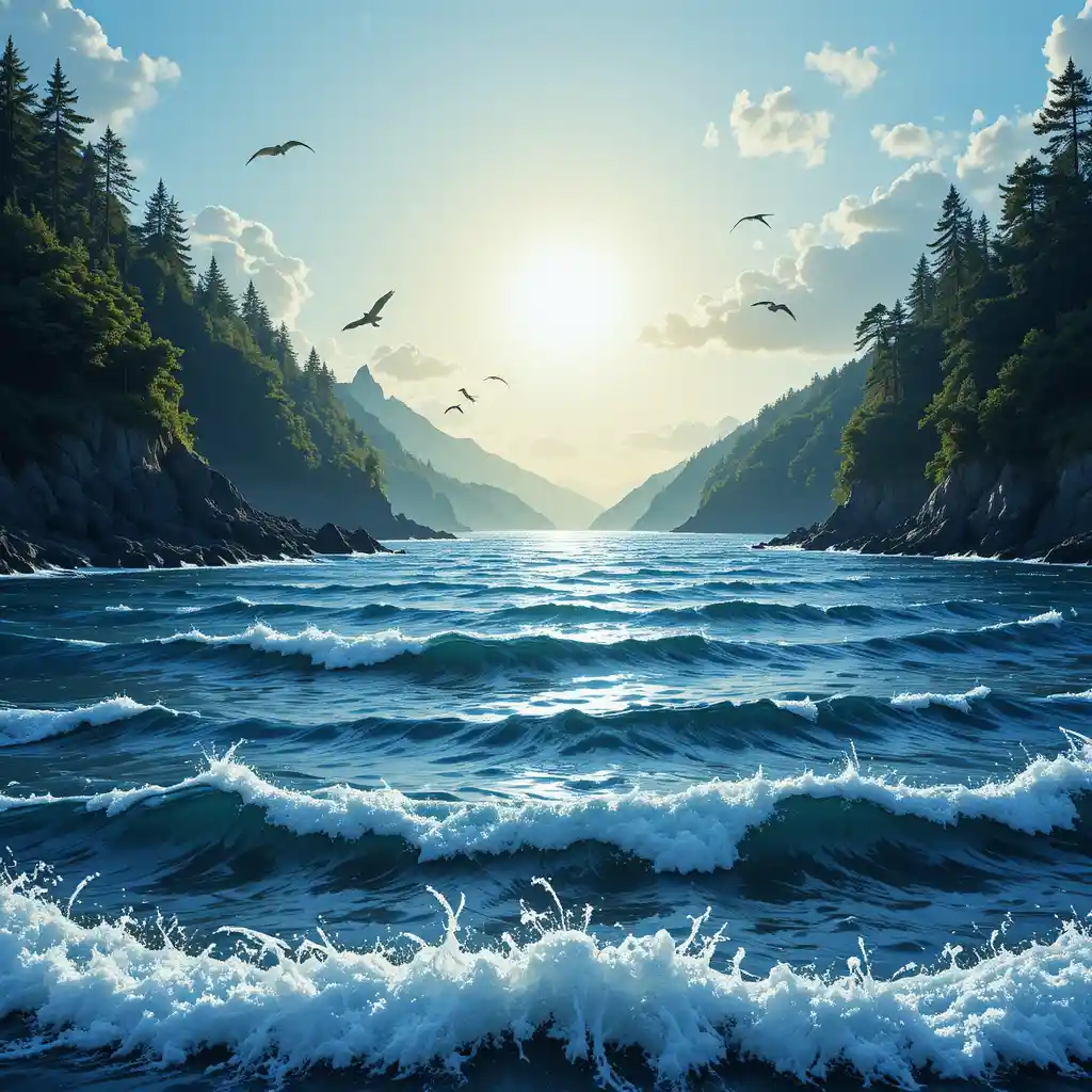Calm ocean view with sunlit waves and distant birds