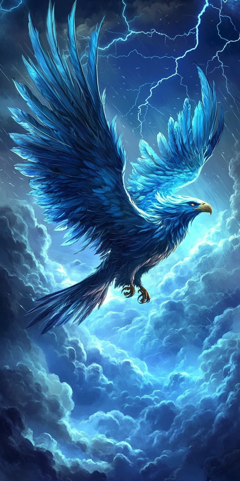 Thunderbird soaring through lightning in a stormy night sky