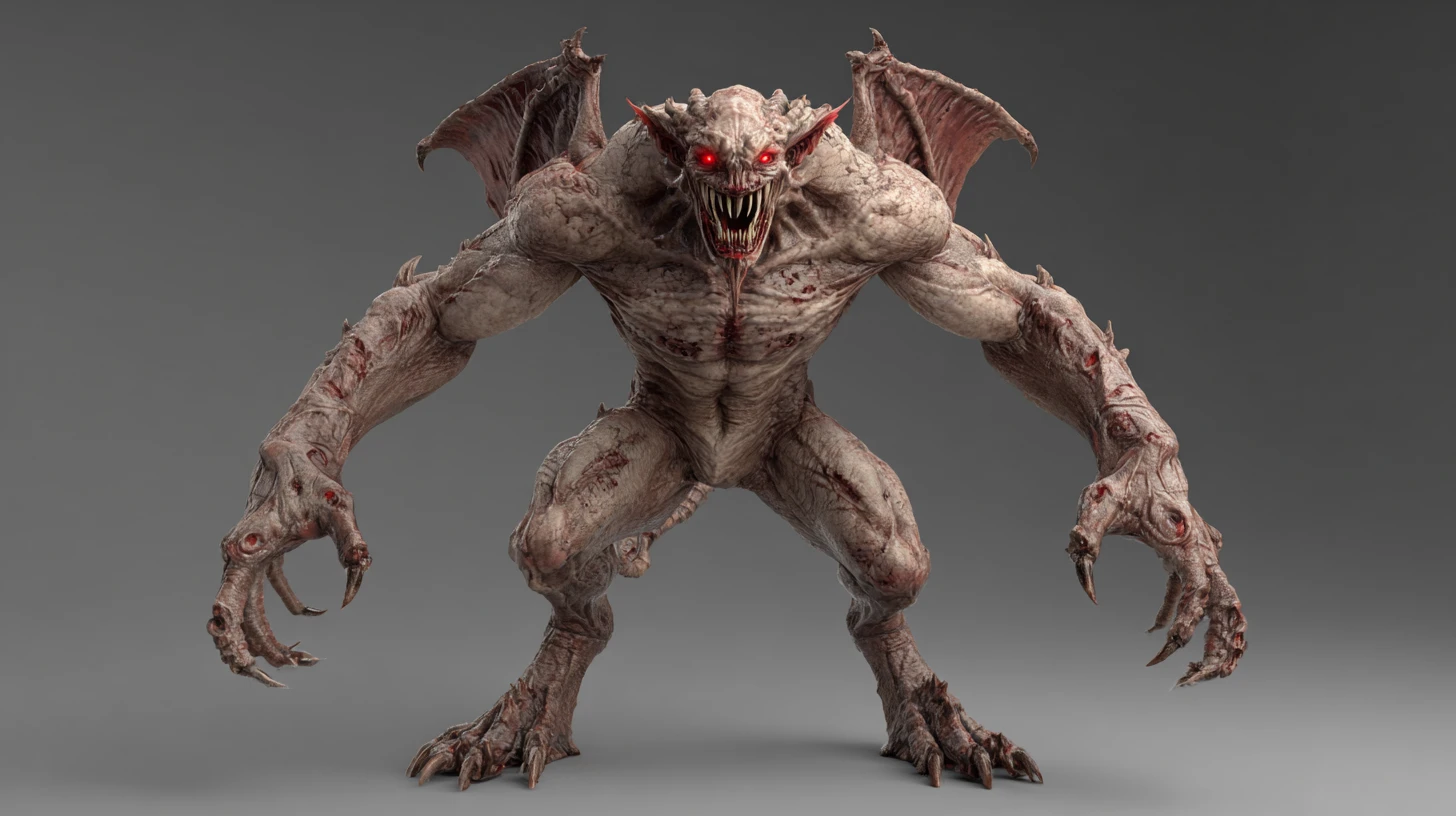 Full body 3D demon character with wings and claws