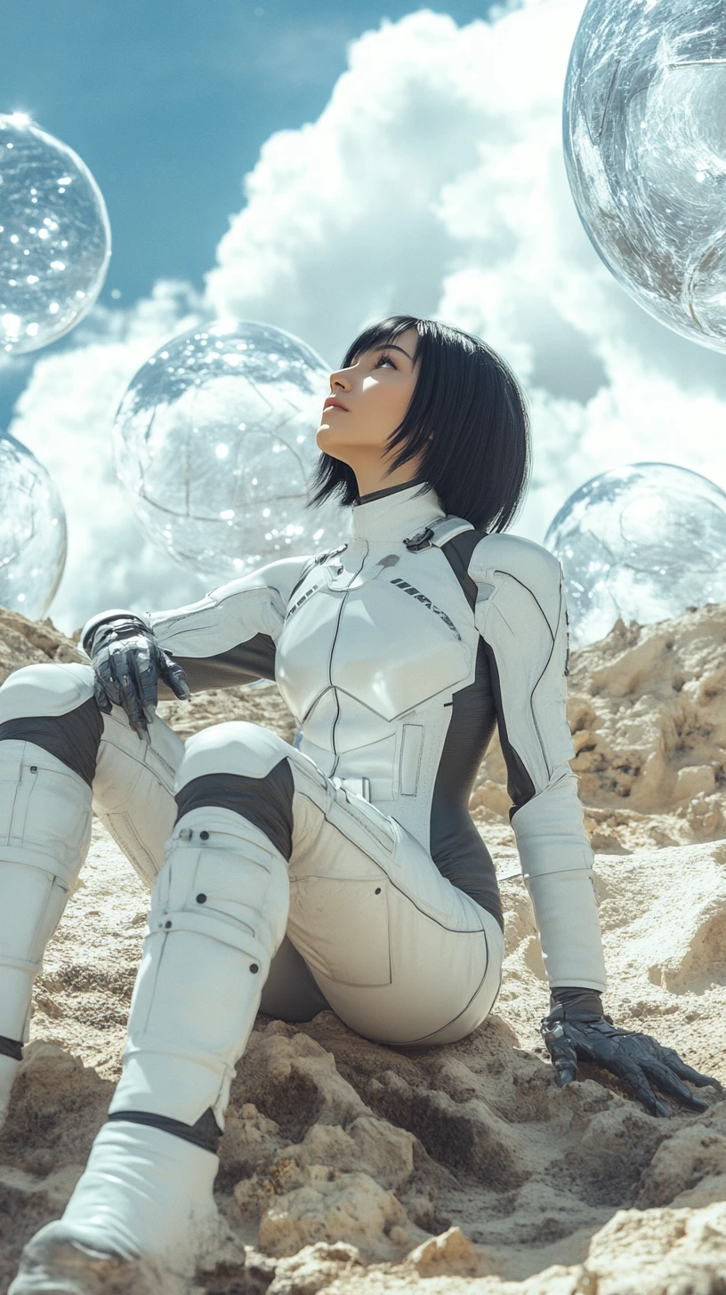 Femme en combinaison spatiale futuriste regardant vers le ciel dans un paysage désertique