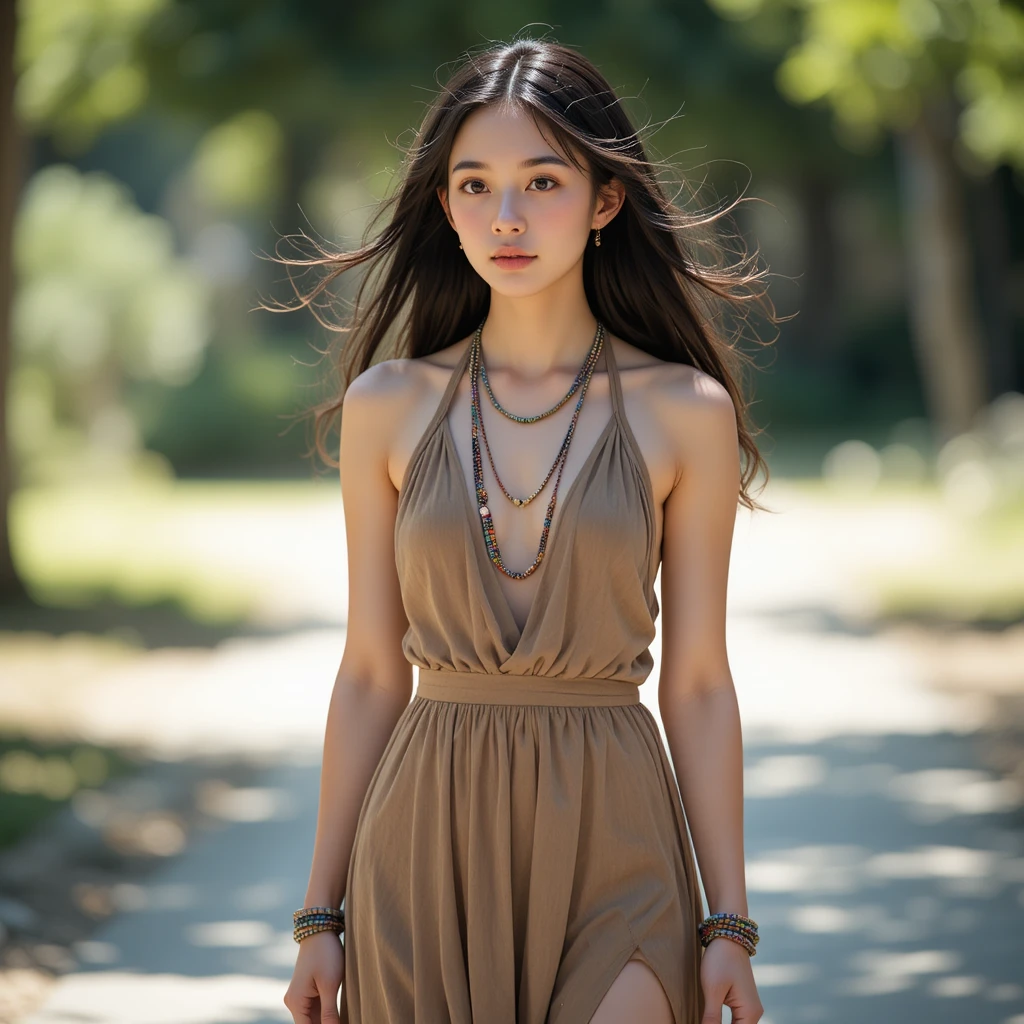 Young woman in flowing dress under bright natural sunlight