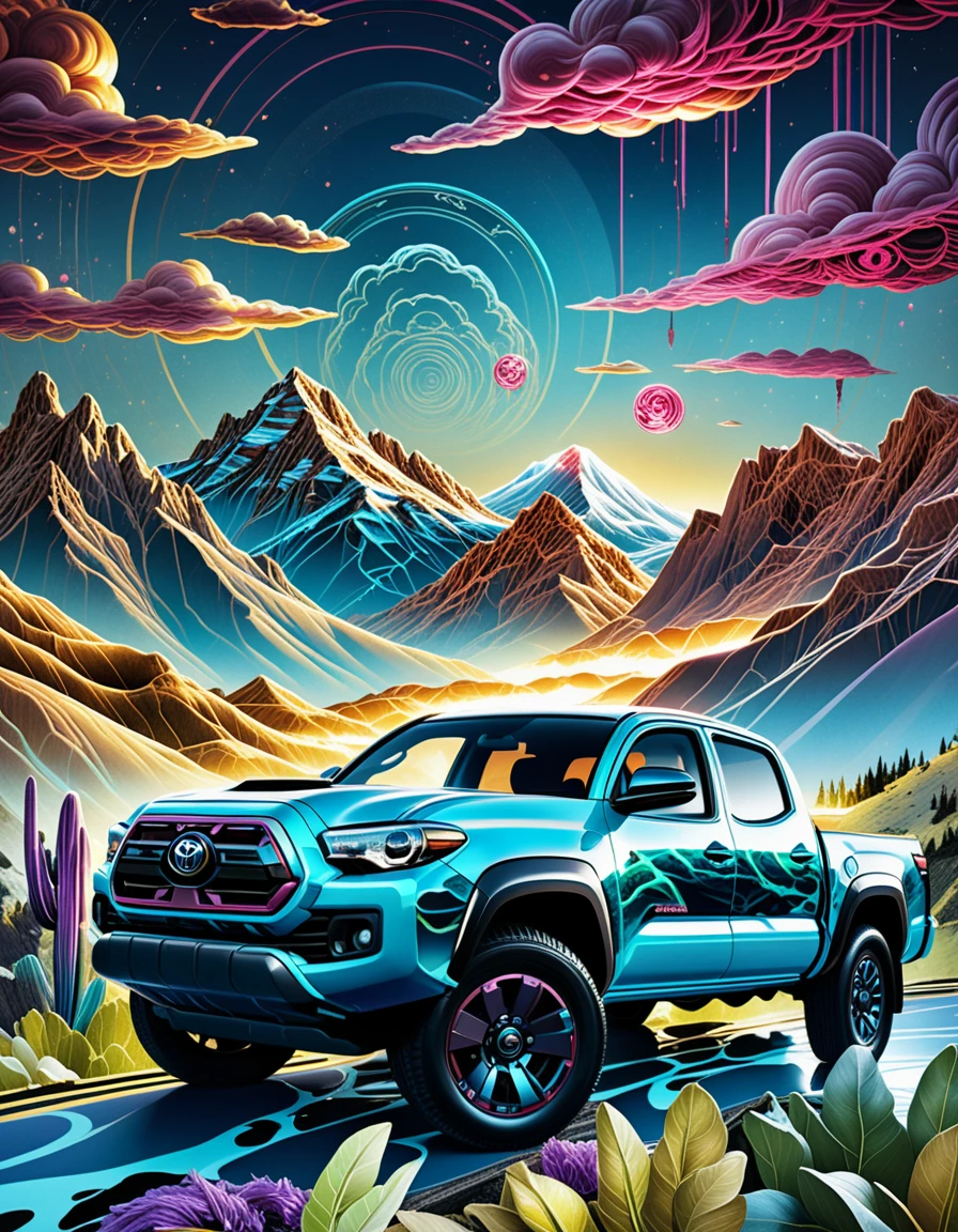 Pickup Toyota Tacoma nel crepuscolo montano synthwave al neon