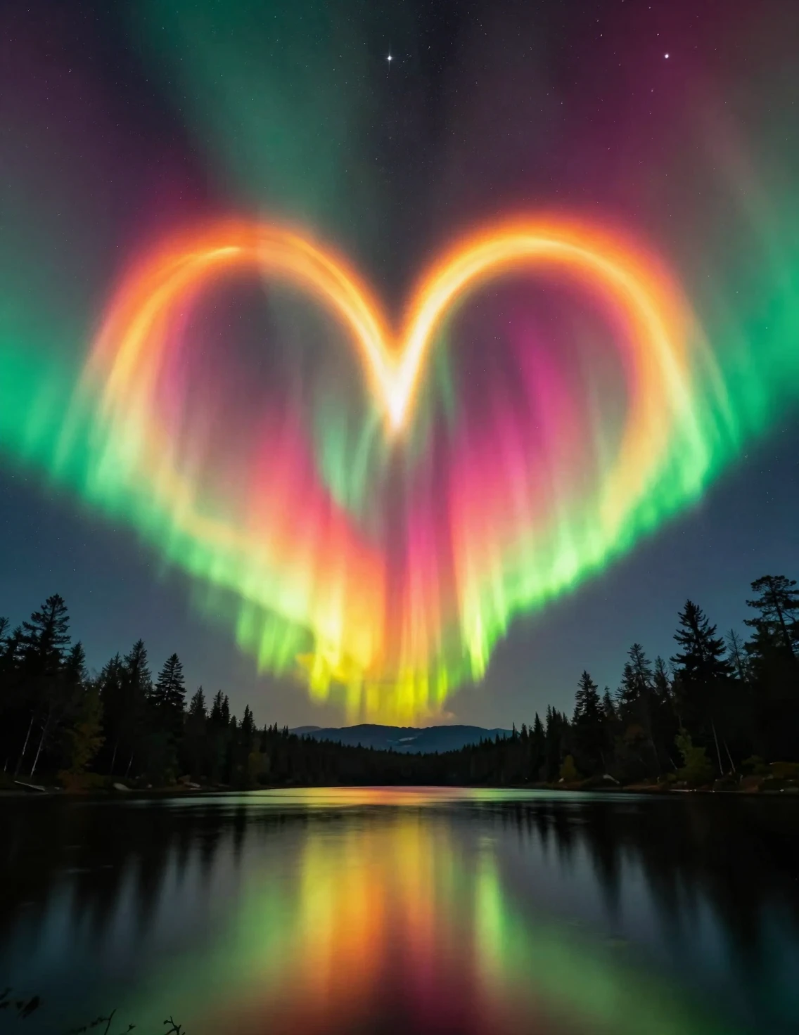 Aurora a forma di cuore riflessa su un tranquillo lago di montagna