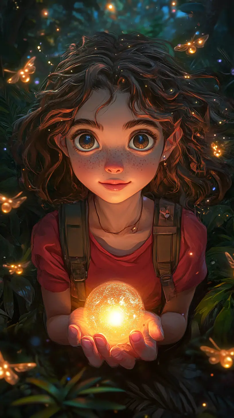 Ragazza che tiene in mano una luce brillante circondata da lucciole magiche