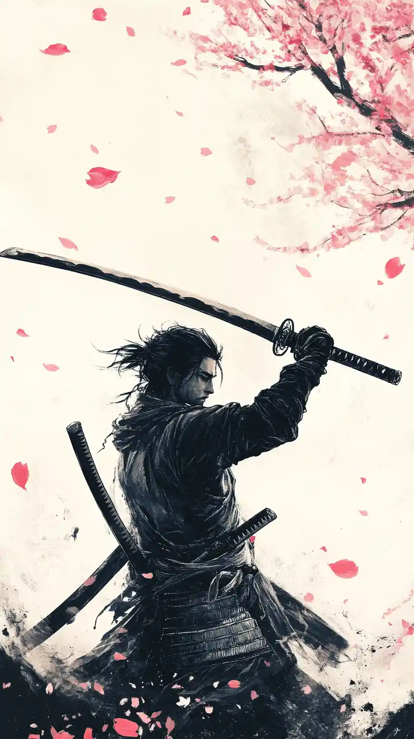 Samurai em meditação ergue katana entre flores de cerejeira