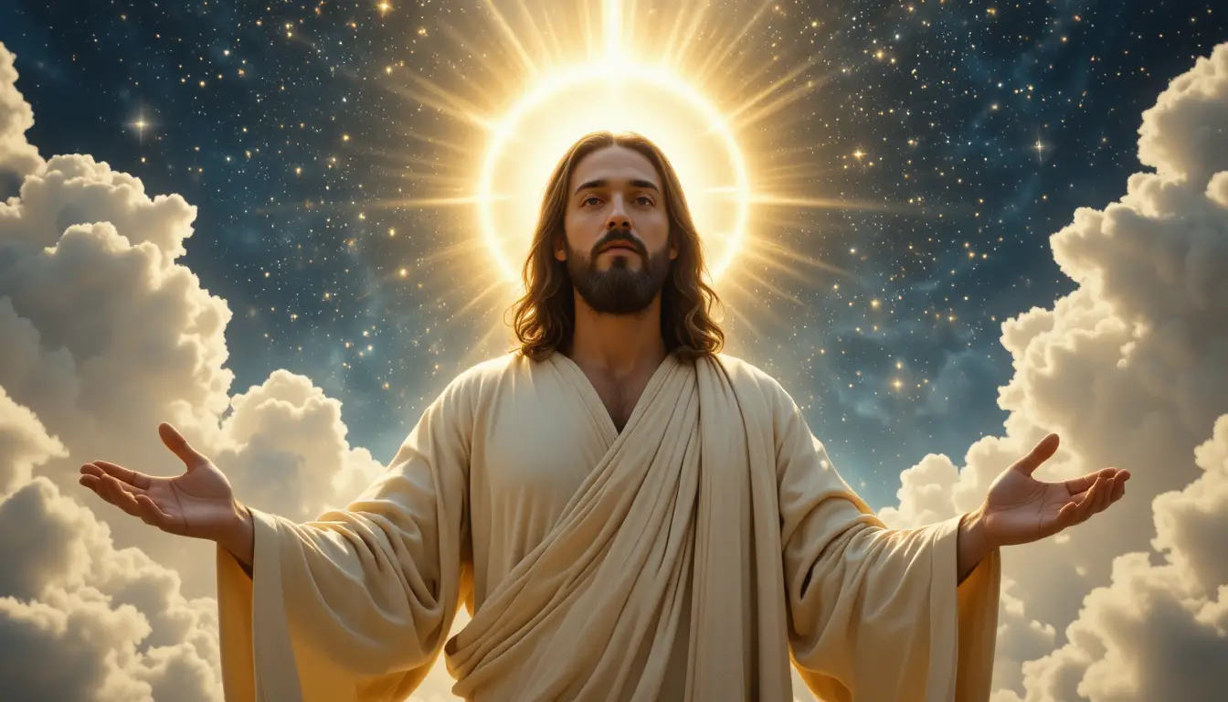 Jesús bajo un dramático cielo estrellado con aura dorada divina