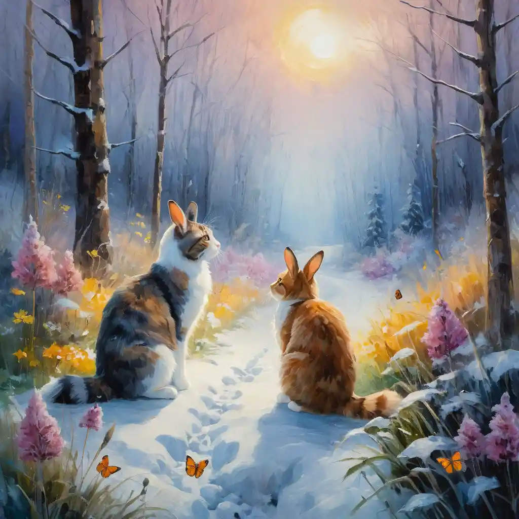 Coniglio e gatto che osservano le farfalle in una foresta invernale innevata