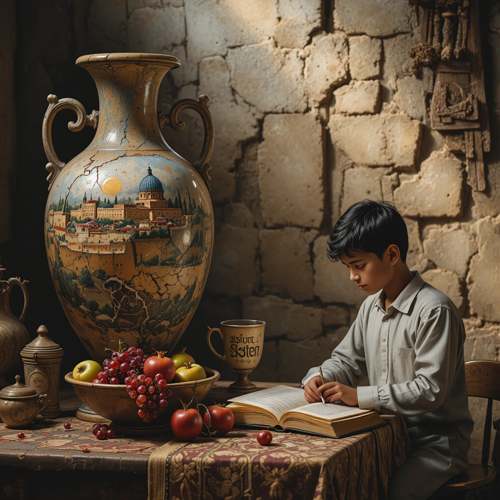 Mesa antigua con jarrón de Jerusalén y niño yemení estudioso