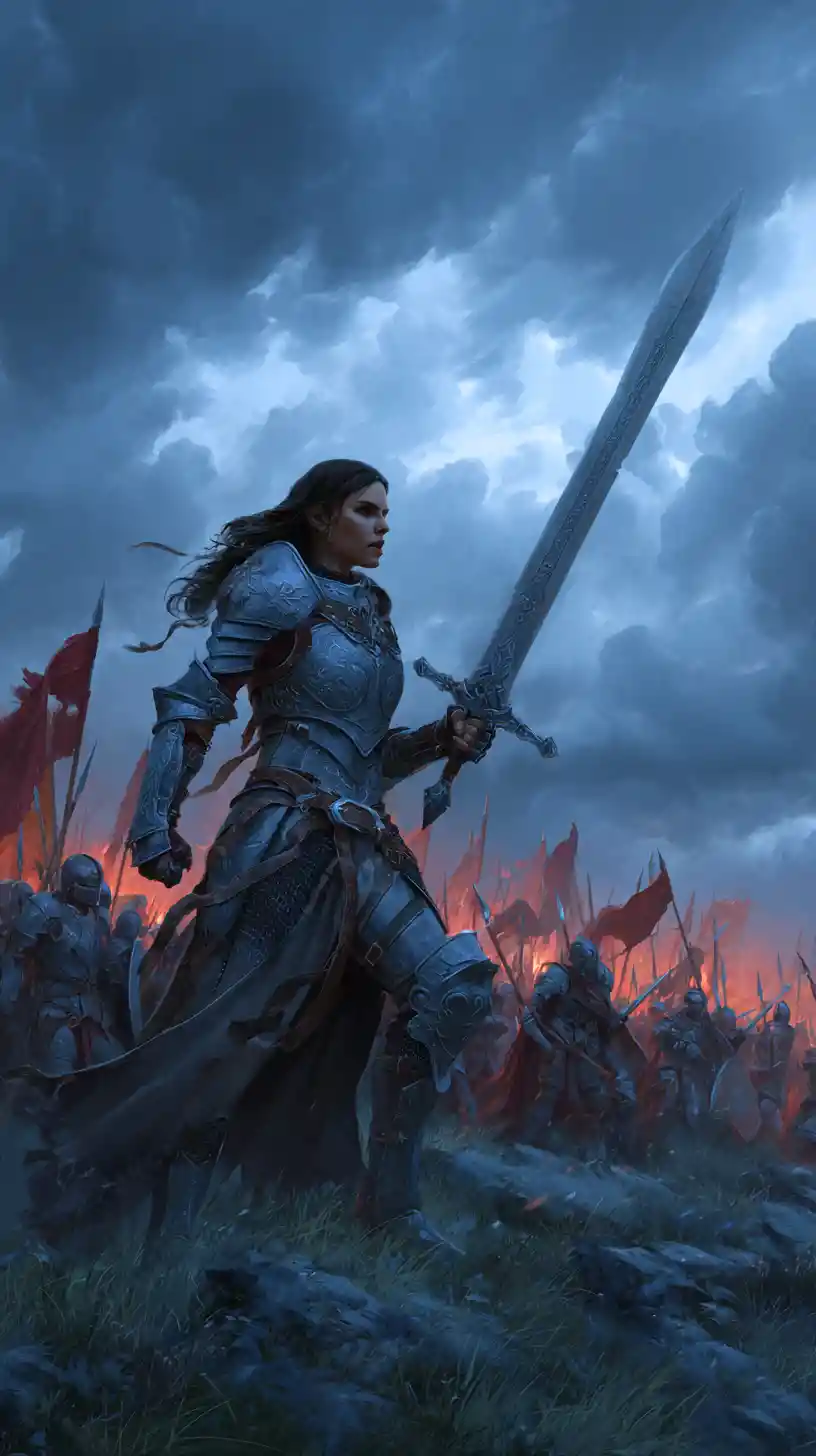 Fierce female warlord leading an army at twilight