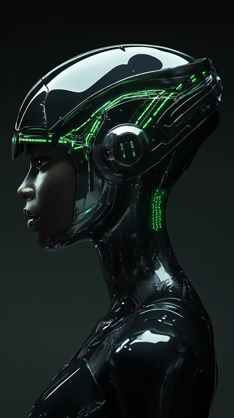 Afrofuturistic android oracle in glowing black latex profile