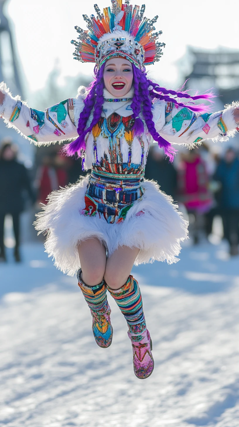Cosplayeuse de fille des neiges sautant dans un costume festif éclatant