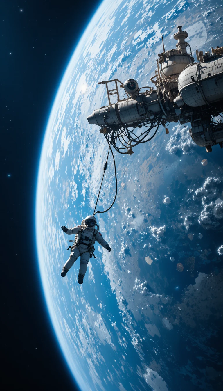 Estación espacial orbitando un planeta azul con un cosmonauta flotando