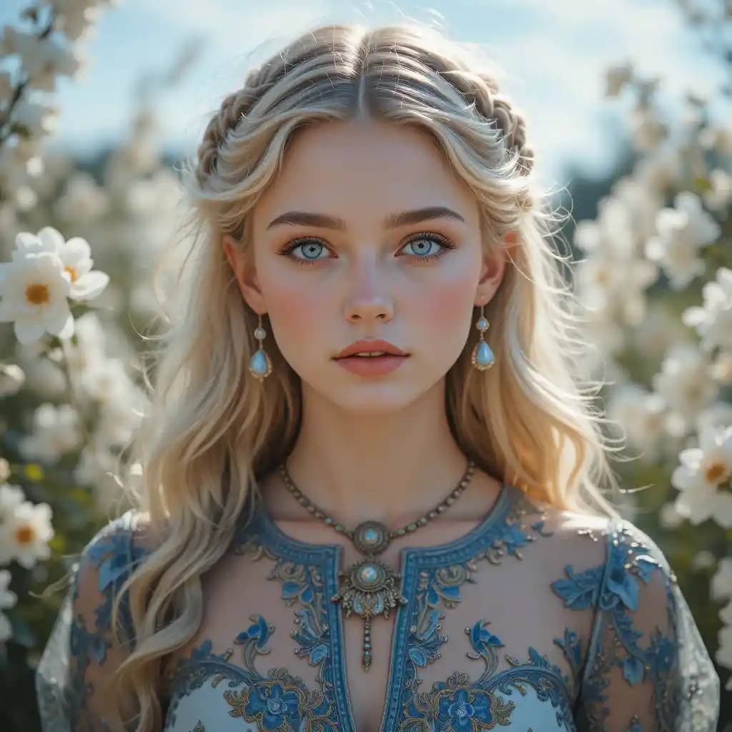 Blonde girl in ornate floral dress among white blossoms