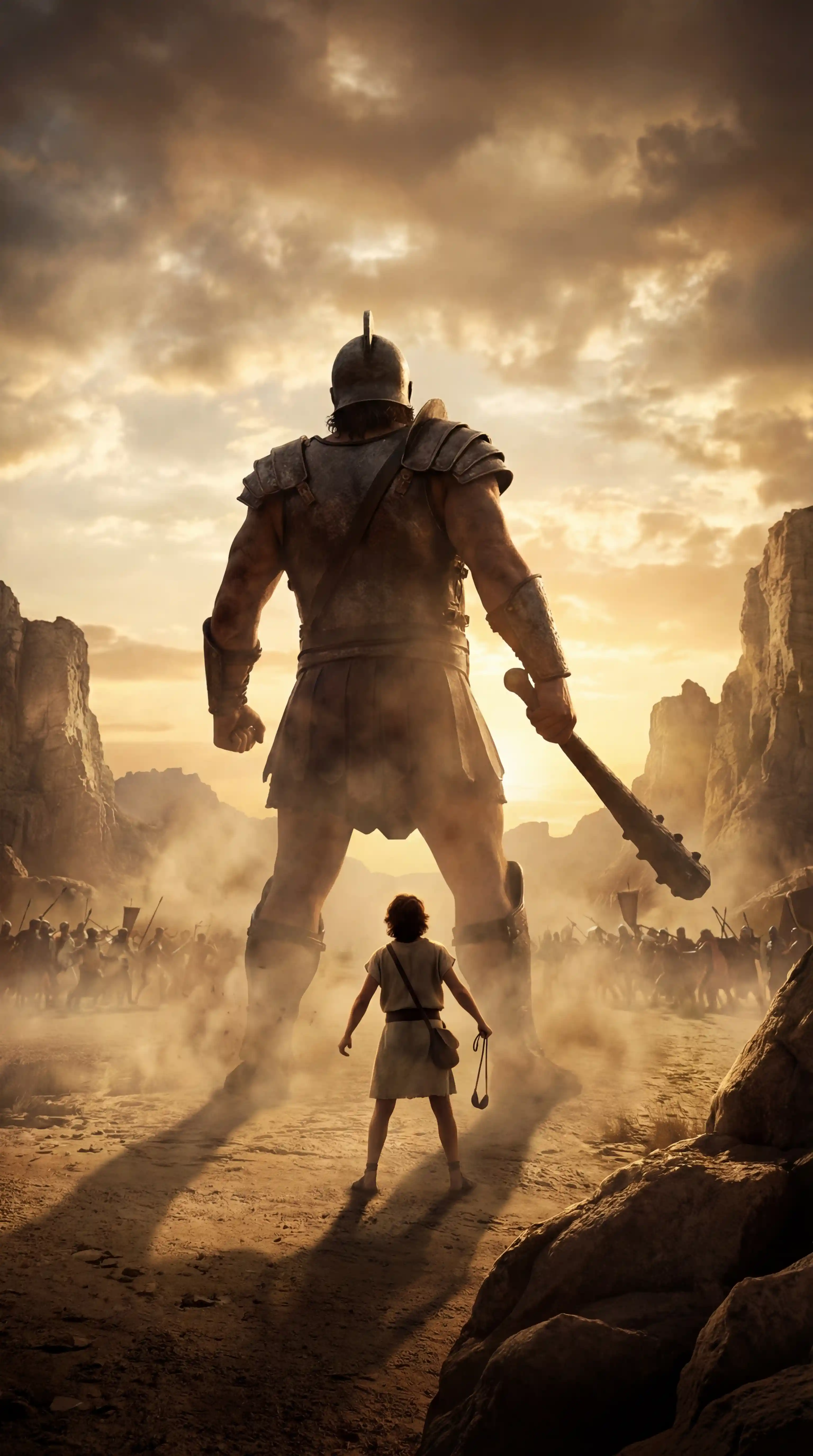 Enfrentamiento cinematográfico entre guerrero gigante y pequeño héroe
