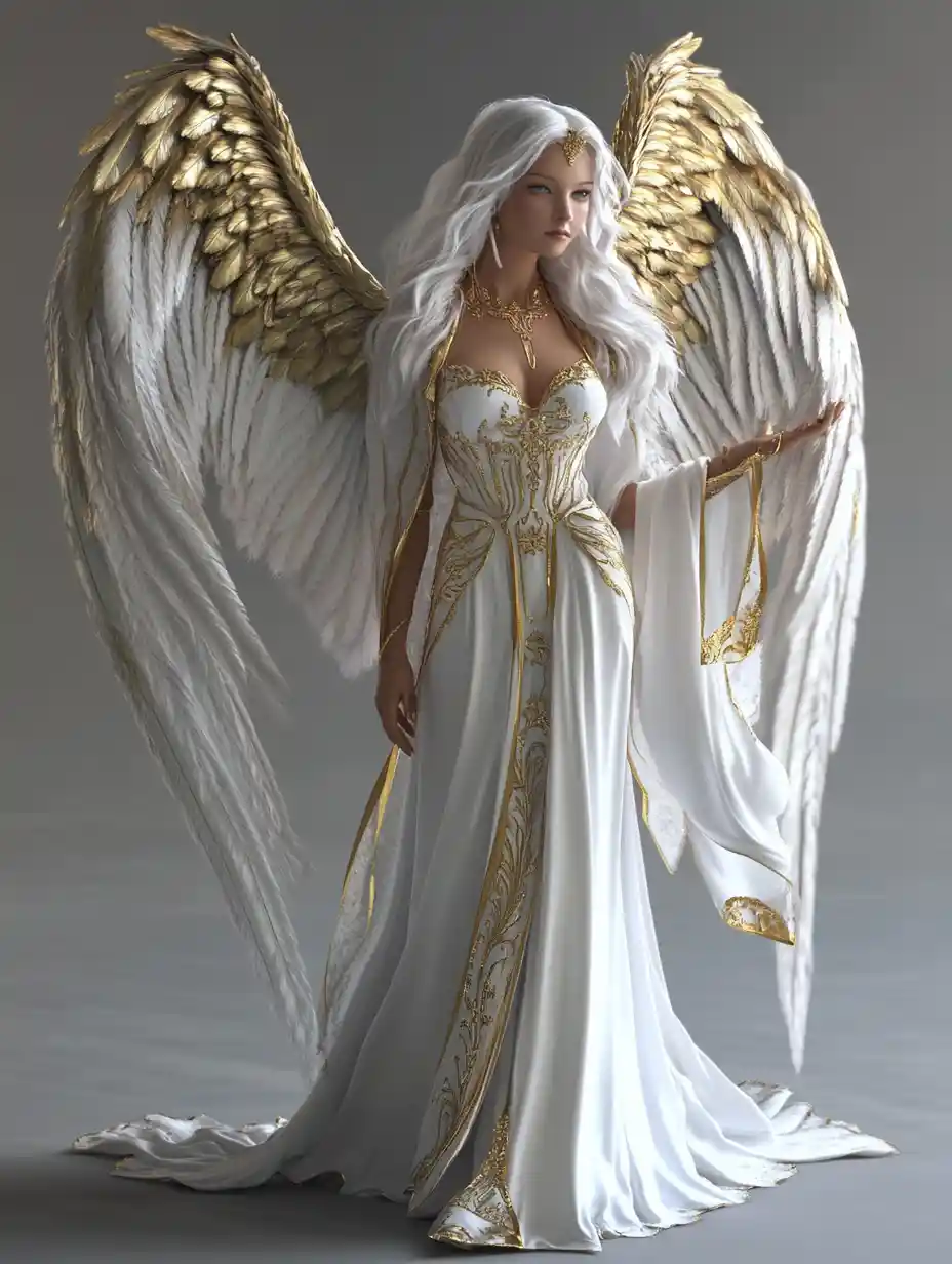 Angelic woman with white wings in flowing silken robes