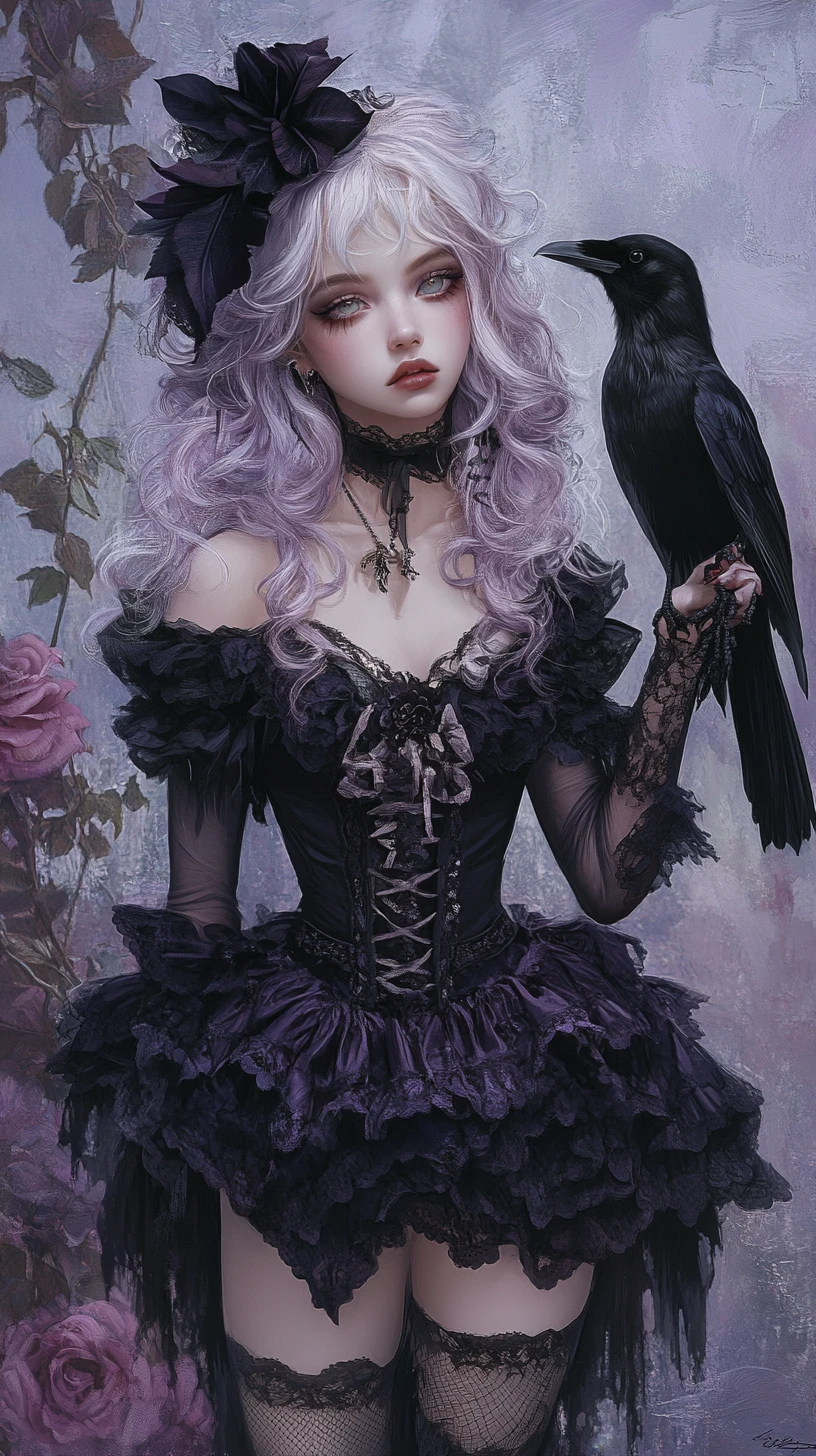 Anime girl in gothic dress with raven in garden