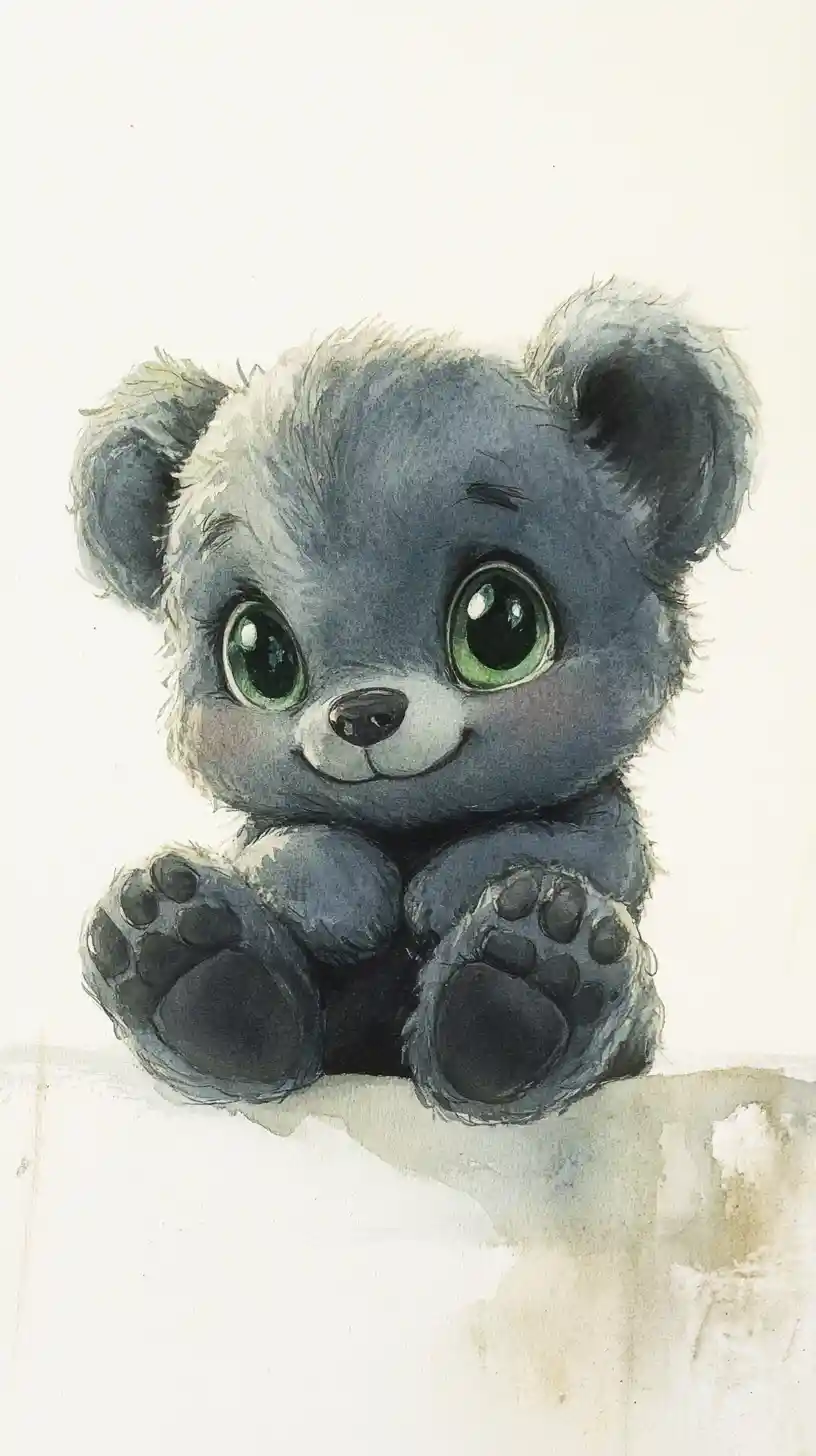Whimsical watercolor teddy bear with bright green eyes