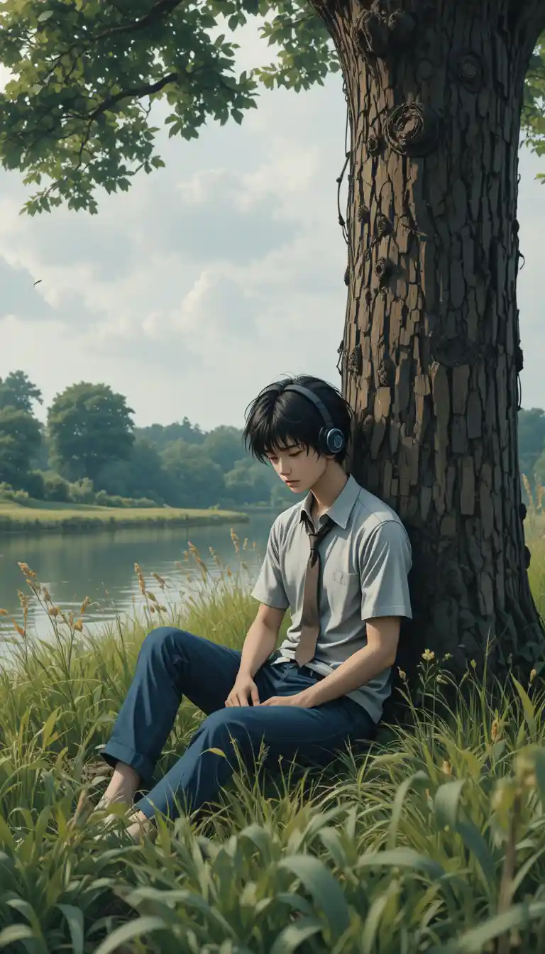 Teenage boy resting under a riverside tree in summer