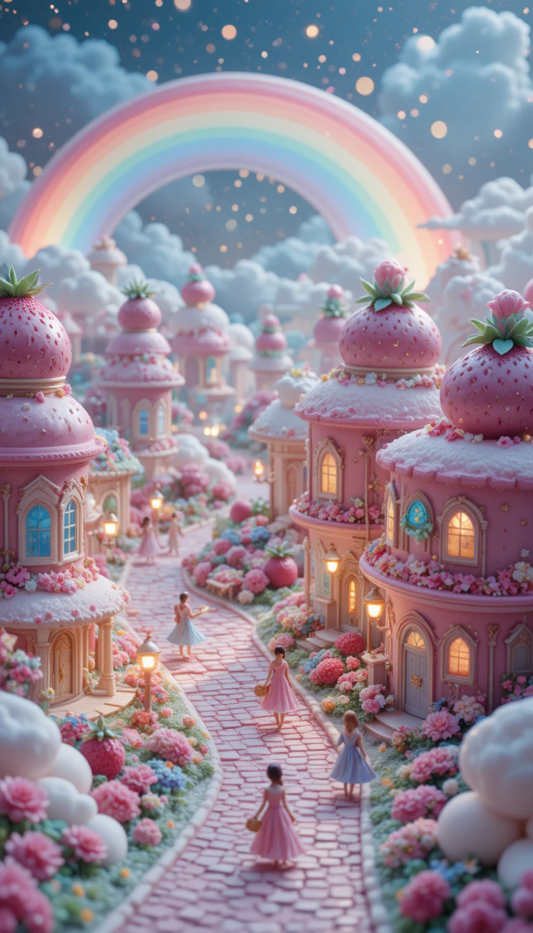 Cittadina fantasy pastello con edifici a forma di caramelle al crepuscolo