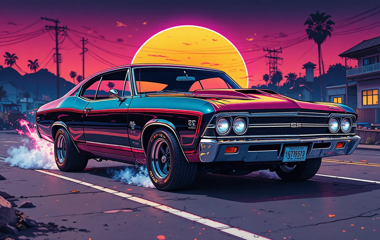 Colorful neon illustration of a classic Chevrolet muscle car