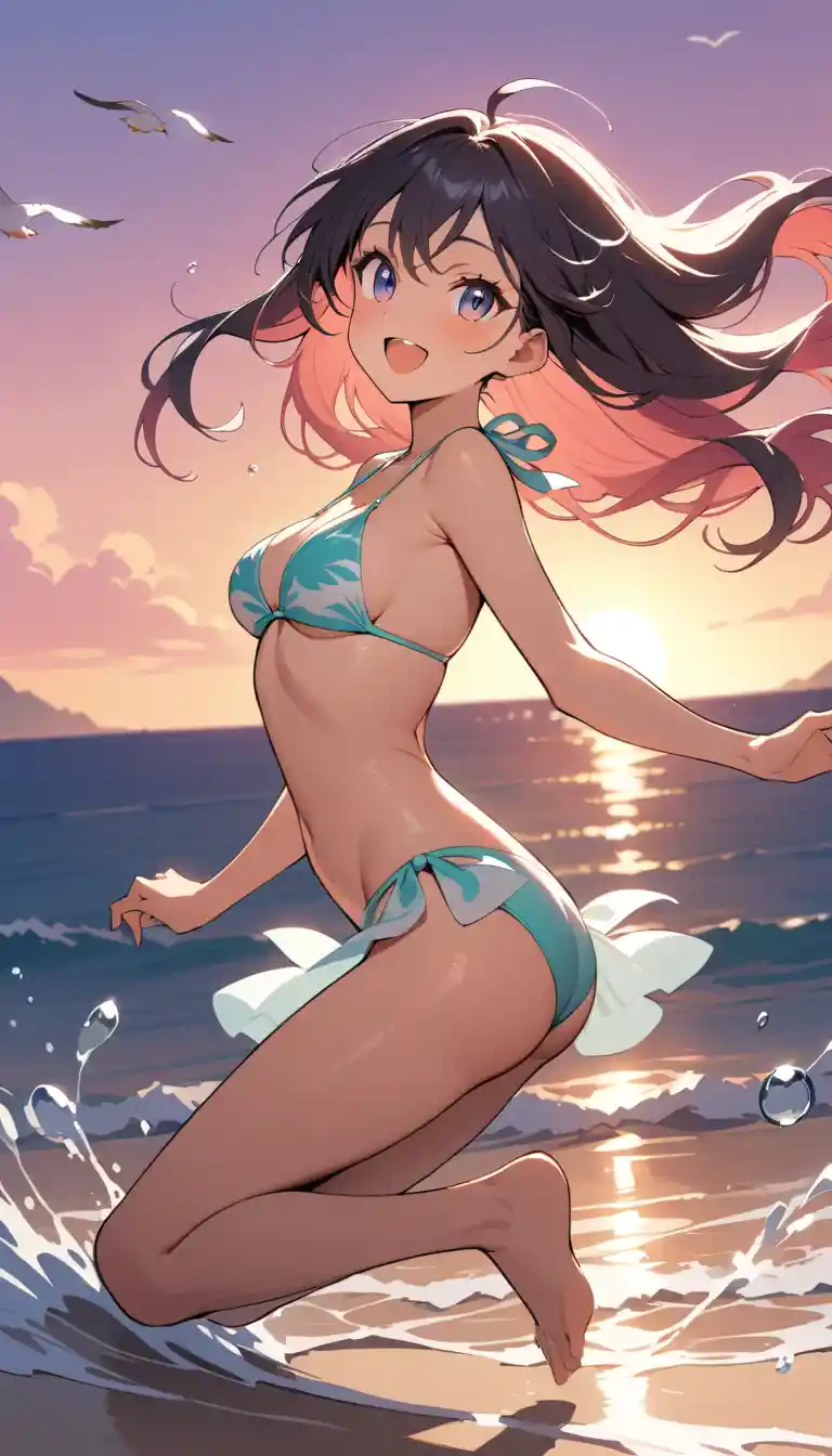 Anime girl jumping through surf on tropical sunset beach