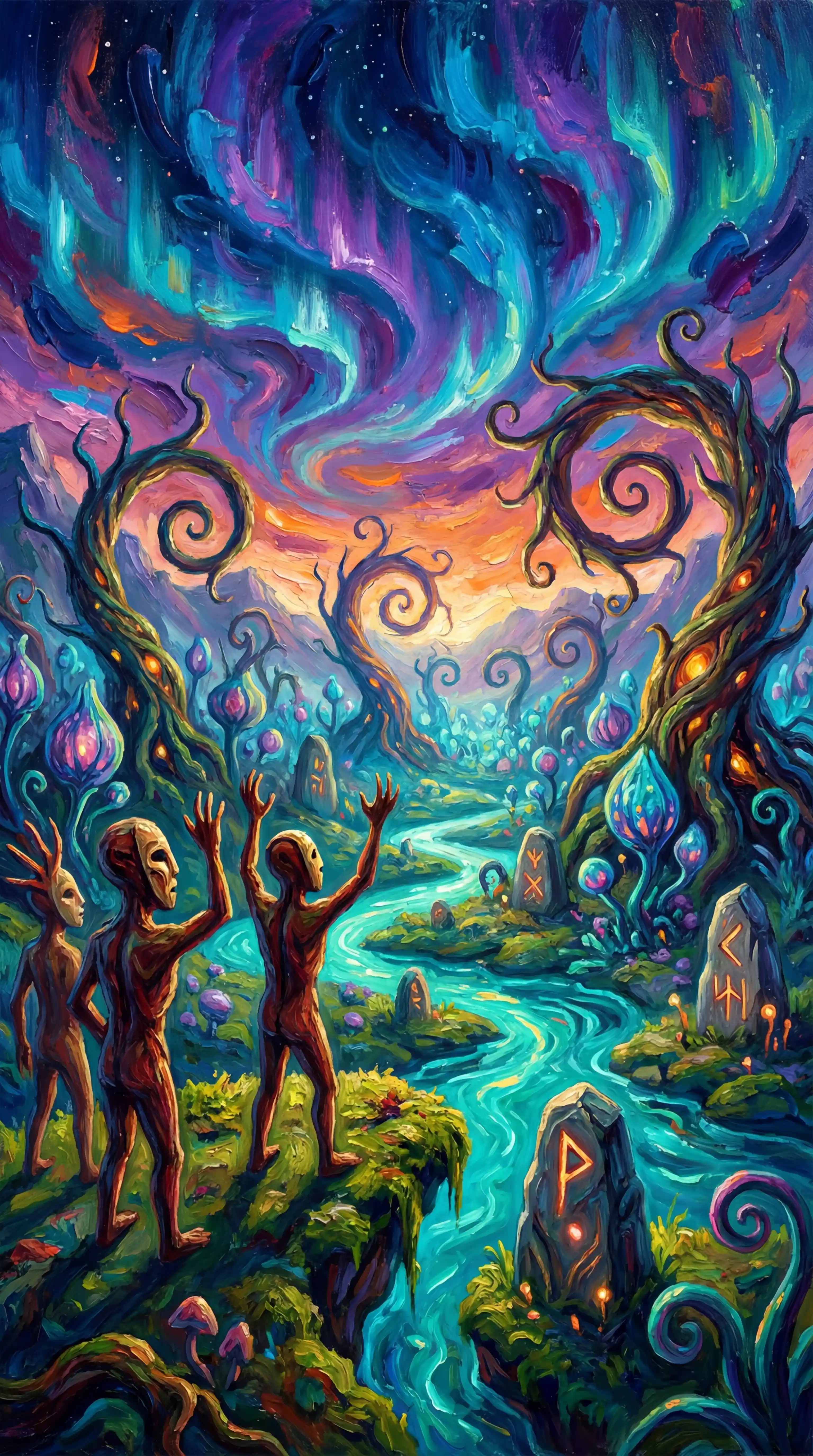 Mystical proto human figures in a glowing primeval landscape