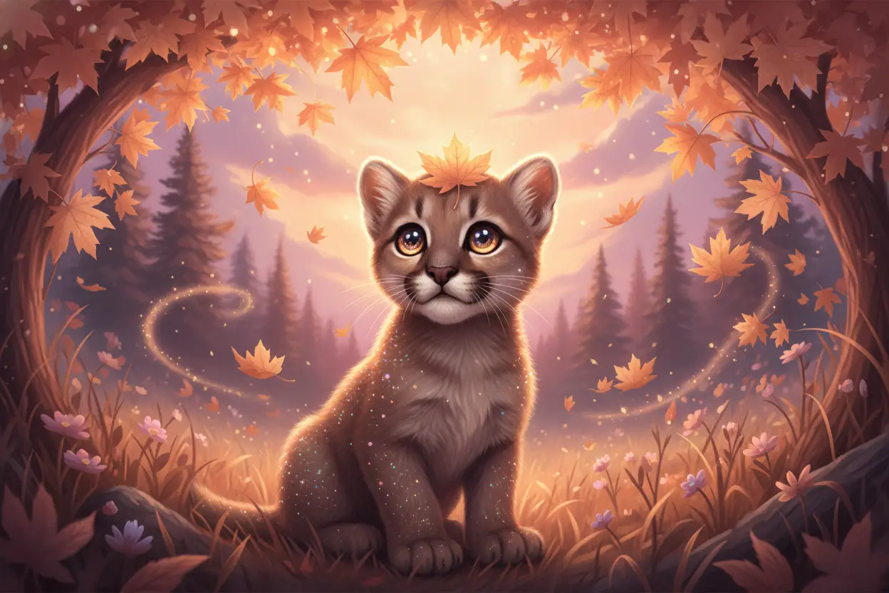 Newborn cougar kitten under falling maple leaves at dusk