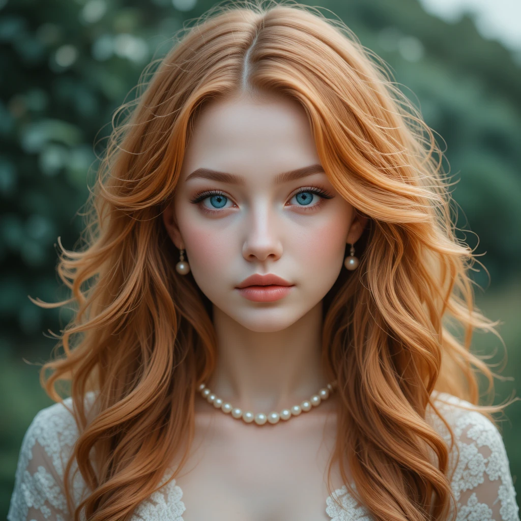 Young woman with blue eyes and wavy orange hair