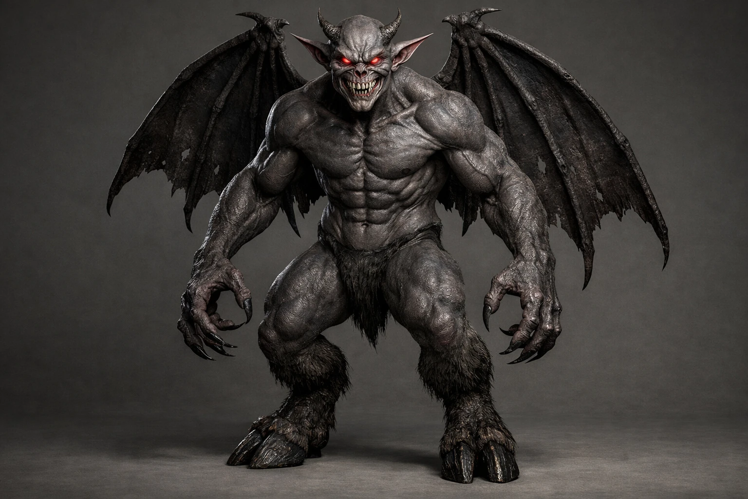 Full body 3D demon character with wings and claws