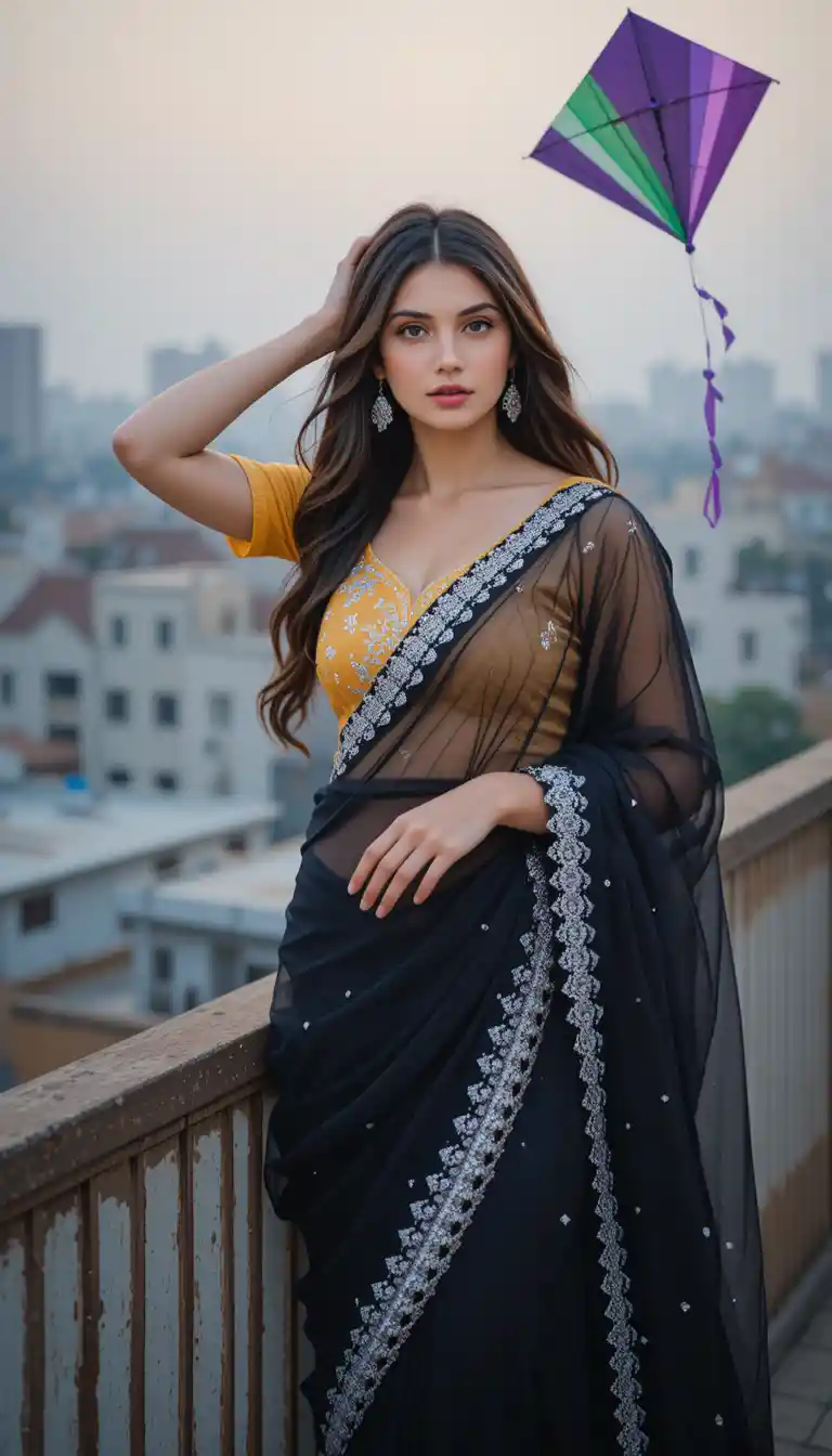 Indian girl with kite on city rooftop at golden hour