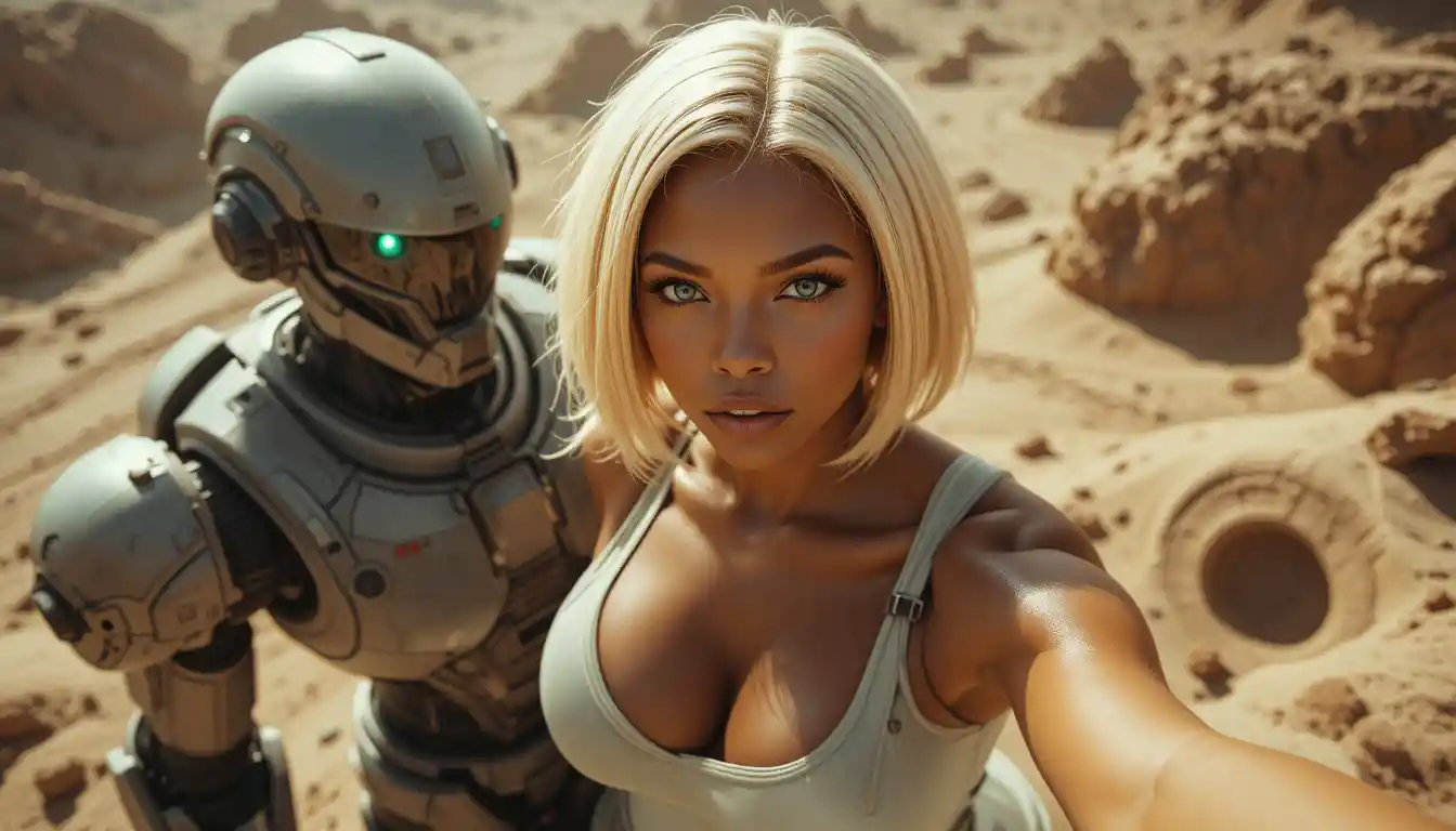 Draufsicht auf Sci-Fi-Frau neben Roboter auf einer fremden Welt