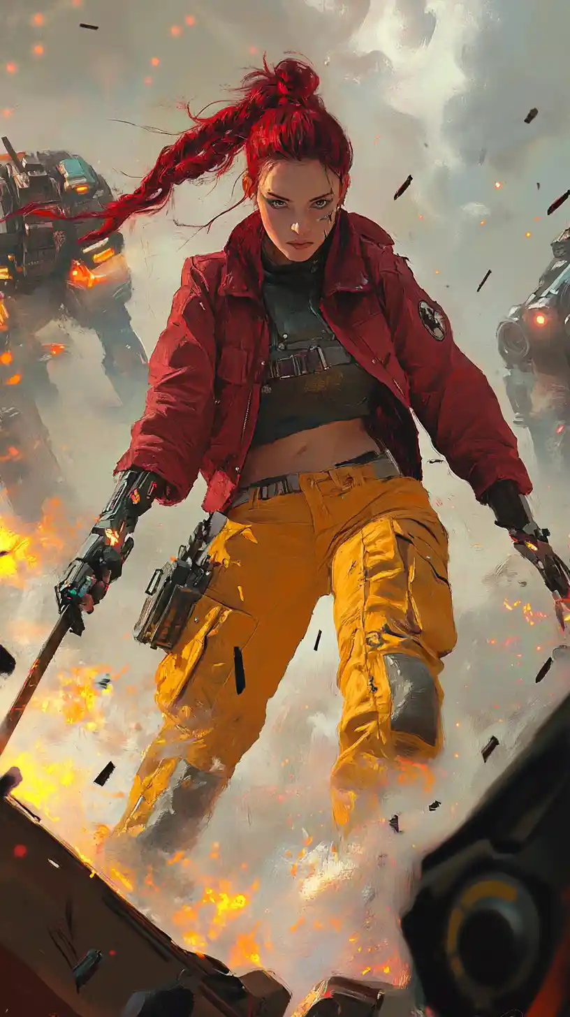 Red braided warrior woman crossing a cyberpunk battlefield