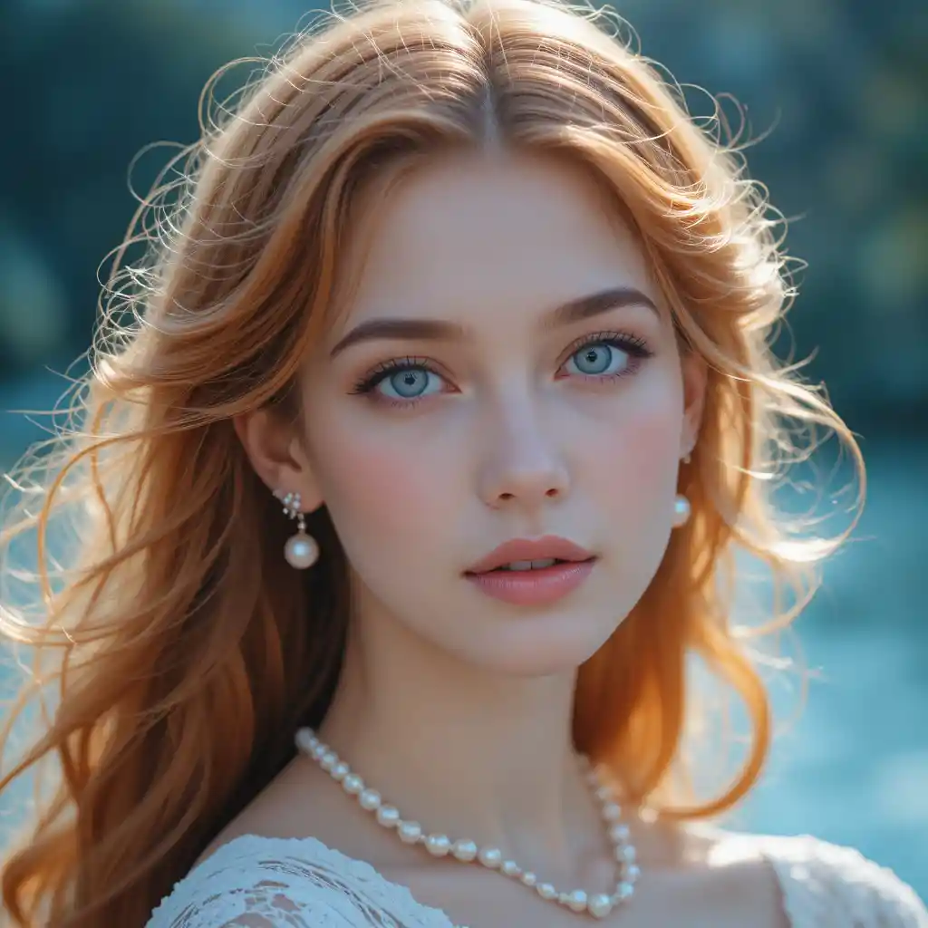Young woman with blue eyes and wavy orange hair
