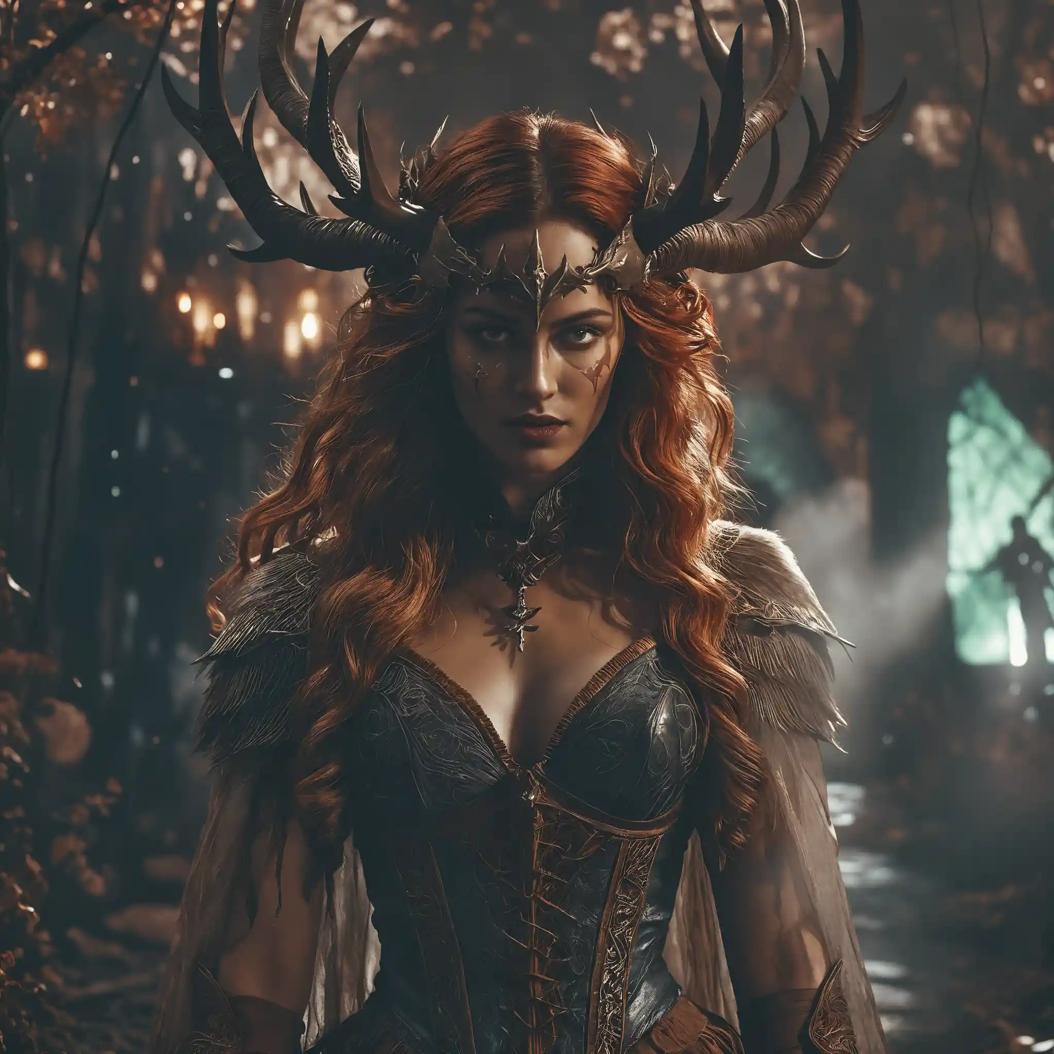 Donna fantasy gotica in scena cinematografica al chiaro di luna