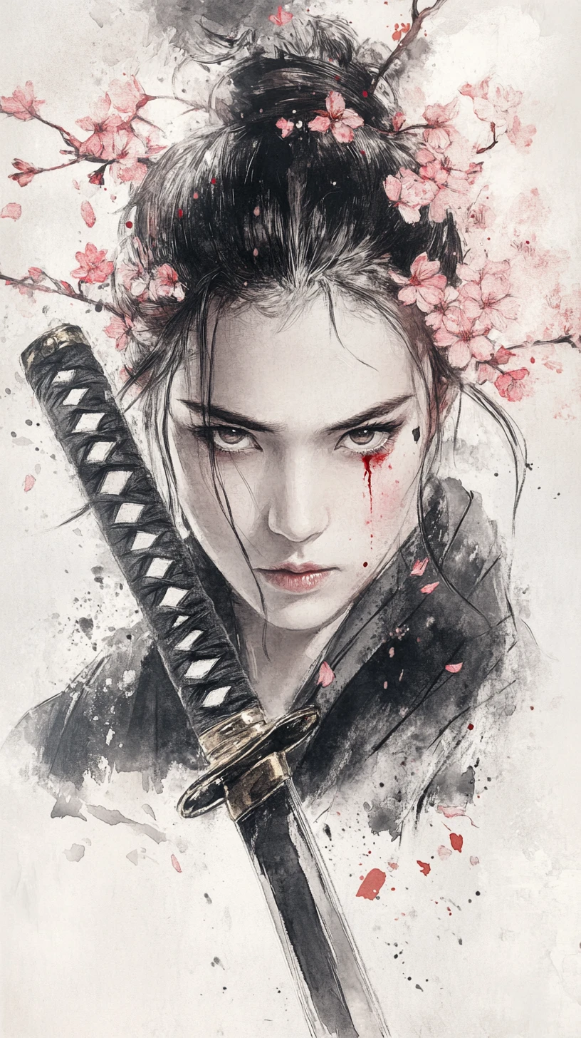 Stoic female samurai with katana in ink wash style