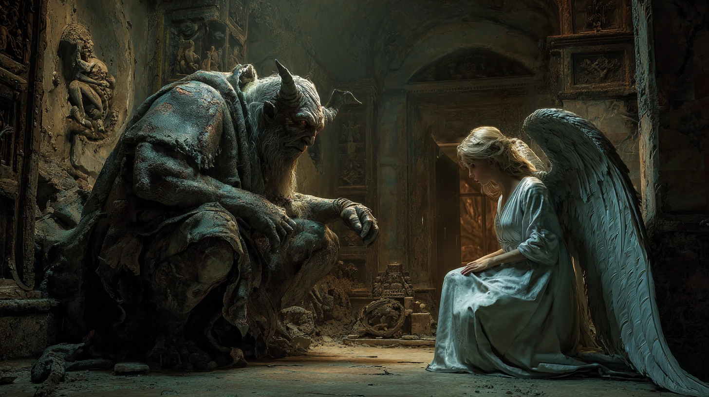 Demon Reaching Toward Angel In Ruined Cathedral