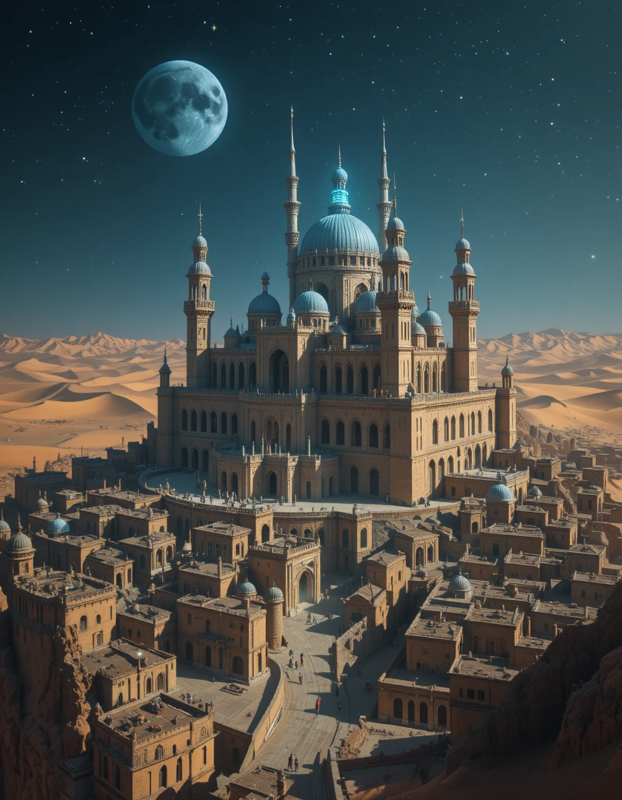 Majestic Nighttime Castle Above A Golden Desert City