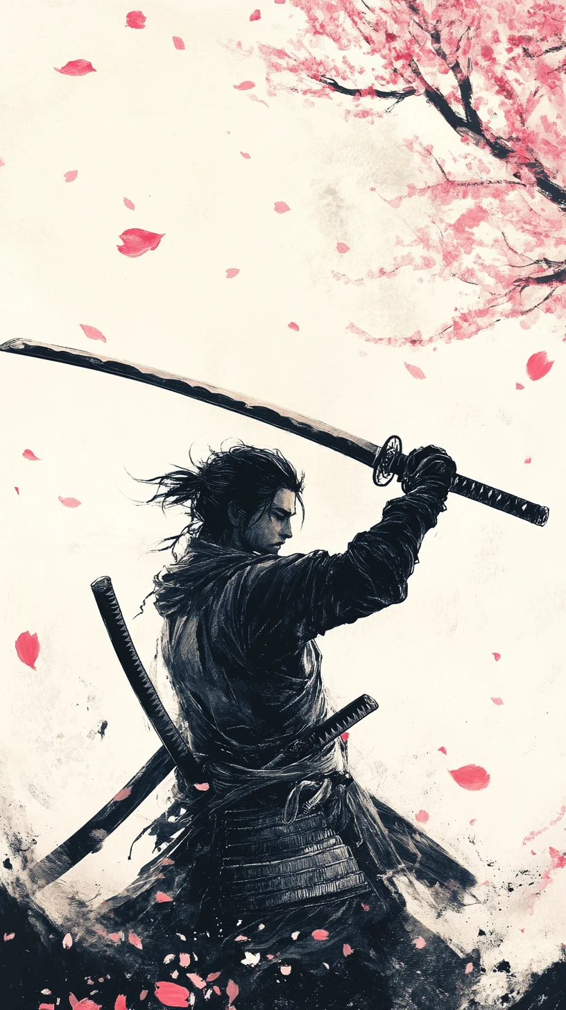 Samurai em meditação ergue katana entre flores de cerejeira
