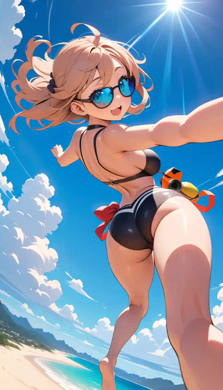 Anime-Frau macht ein verspieltes Selfie beim Fallschirmspringen im Bikini